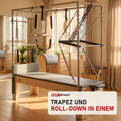 Elina Pilates Wooden Cadillac aus Rock-Ahorn in einem hellen Pilates-Studio mit Holz und Leinen