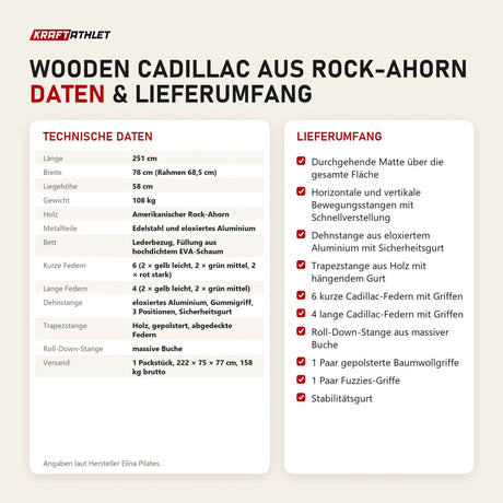 Technische Daten und Lieferumfang von Elina Pilates Wooden Cadillac aus Rock-Ahorn als Tabelle