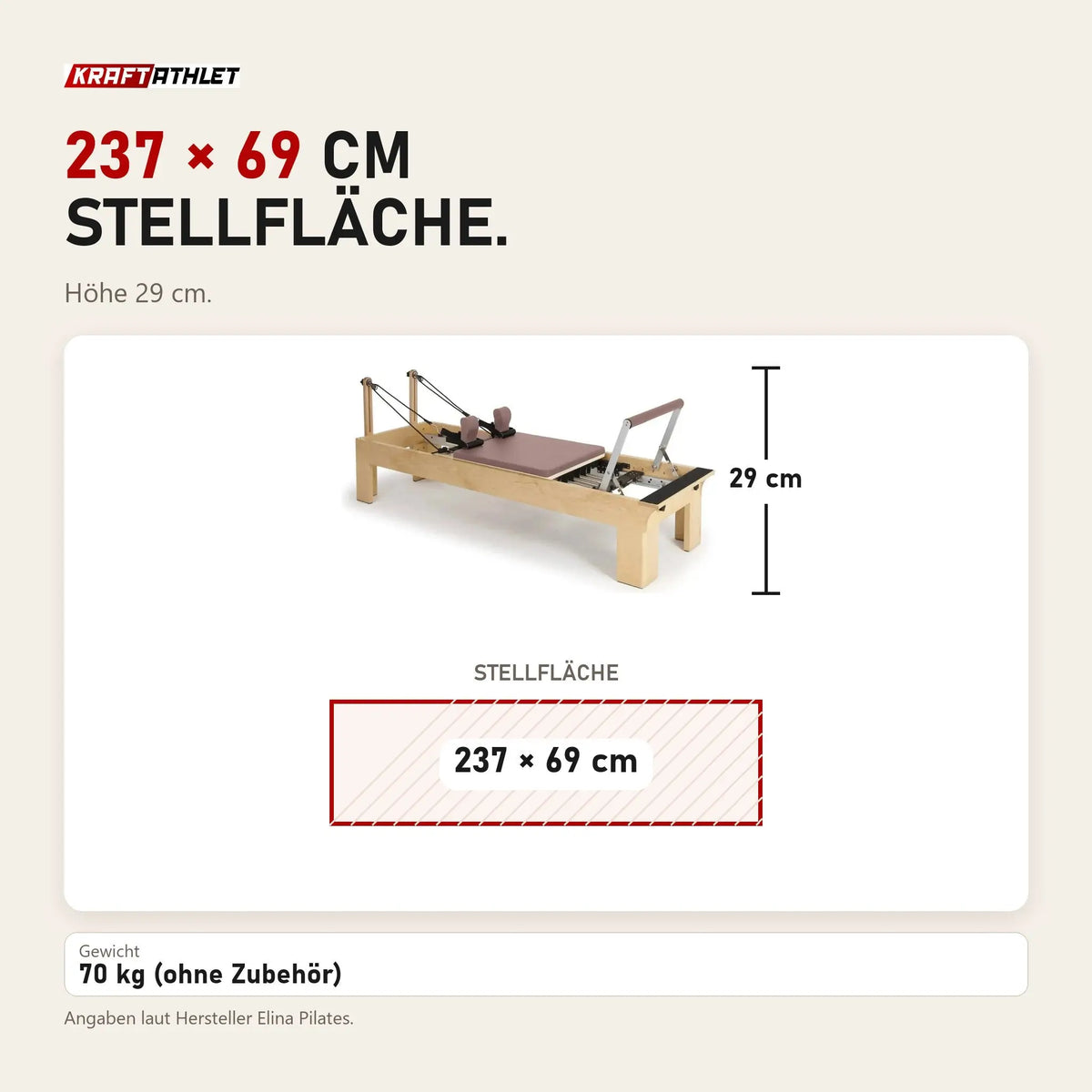 Maßbild Elina Pilates Wooden Reformer aus Rock-Ahorn: Stellfläche 237 × 69 cm, Höhe 29 cm