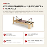 Elina Pilates Wooden Reformer aus Rock-Ahorn mit 4 Merkmalen: Stapelbar, Turm nachrüstbar, 5 Federn, Rock-Ahorn und Edelstahl
