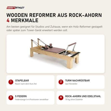 Elina Pilates Wooden Reformer aus Rock-Ahorn mit 4 Merkmalen: Stapelbar, Turm nachrüstbar, 5 Federn, Rock-Ahorn und Edelstahl
