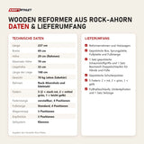 Technische Daten und Lieferumfang von Elina Pilates Wooden Reformer aus Rock-Ahorn als Tabelle