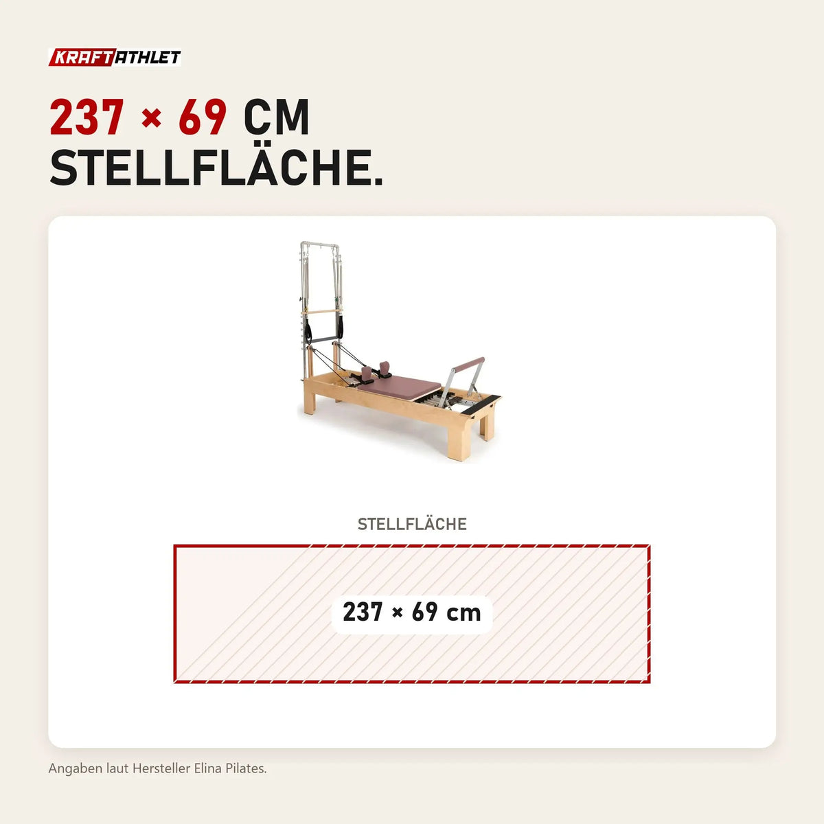 Maßbild Elina Pilates Wooden Reformer Fisio mit Tower: Stellfläche 237 × 69 cm