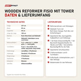 Technische Daten und Lieferumfang von Elina Pilates Wooden Reformer Fisio mit Tower als Tabelle