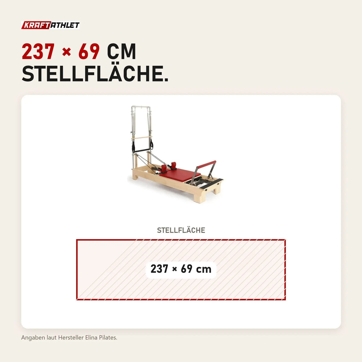 Maßbild Elina Pilates Wooden Reformer mit Tower aus Rock-Ahorn: Stellfläche 237 × 69 cm