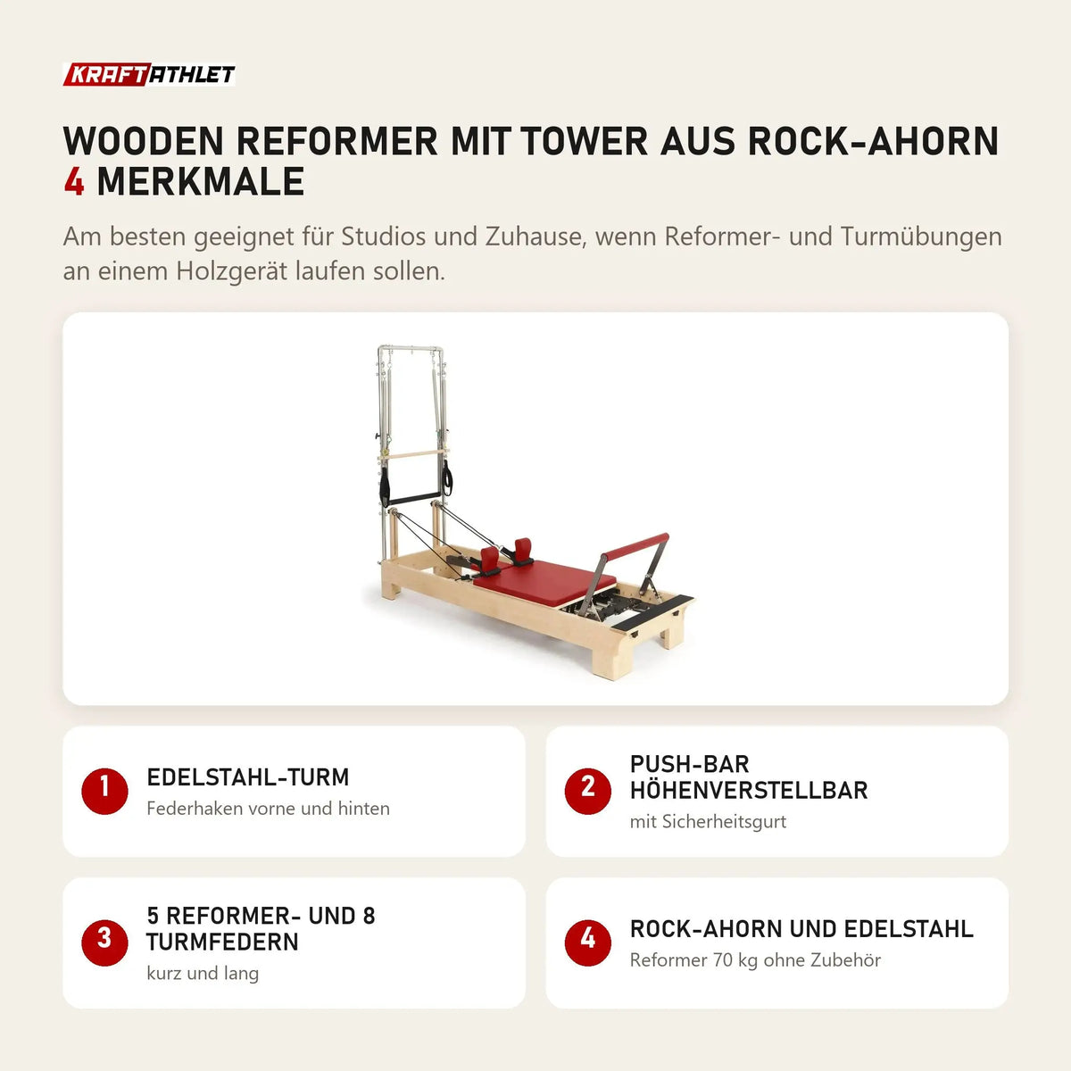 Elina Pilates Wooden Reformer mit Tower aus Rock-Ahorn mit 4 Merkmalen: Edelstahl-Turm, Push-Bar höhenverstellbar, 5 Reformer- und 8 Turmfedern, Rock-Ahorn und Edelstahl