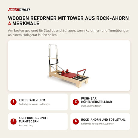 Elina Pilates Wooden Reformer mit Tower aus Rock-Ahorn mit 4 Merkmalen: Edelstahl-Turm, Push-Bar höhenverstellbar, 5 Reformer- und 8 Turmfedern, Rock-Ahorn und Edelstahl
