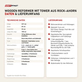 Technische Daten und Lieferumfang von Elina Pilates Wooden Reformer mit Tower aus Rock-Ahorn als Tabelle
