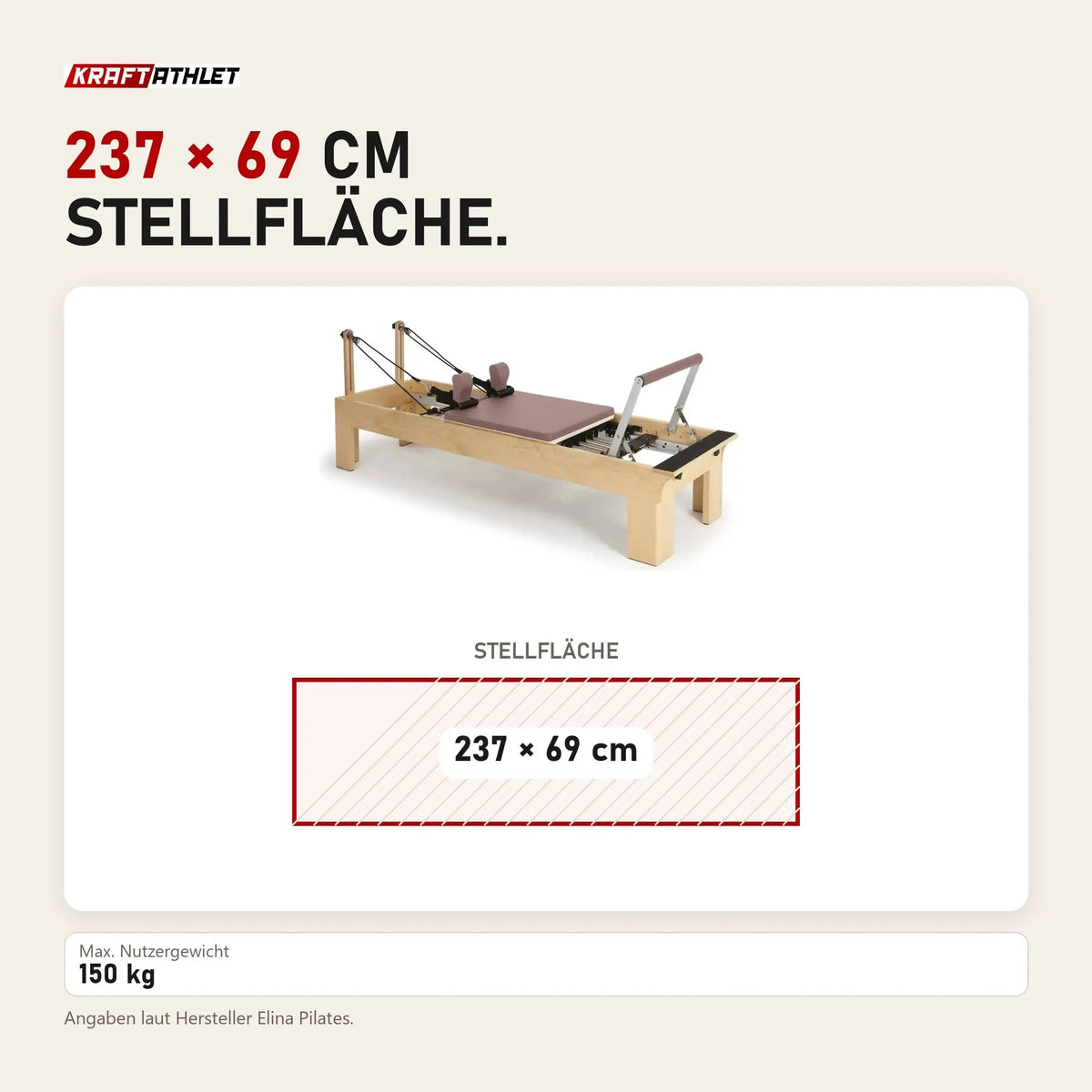 Maßbild Elina Pilates Wooden Reformer Physio aus Rock-Ahorn: Stellfläche 237 × 69 cm