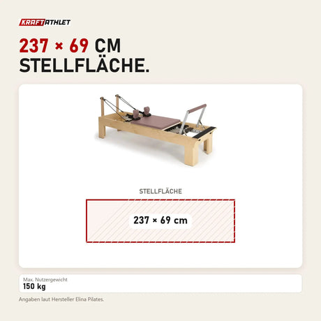 Maßbild Elina Pilates Wooden Reformer Physio aus Rock-Ahorn: Stellfläche 237 × 69 cm