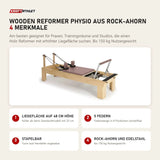 Elina Pilates Wooden Reformer Physio aus Rock-Ahorn mit 4 Merkmalen: Liegefläche auf 48 cm Höhe, 5 Federn, Stapelbar, Rock-Ahorn und Edelstahl