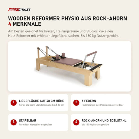 Elina Pilates Wooden Reformer Physio aus Rock-Ahorn mit 4 Merkmalen: Liegefläche auf 48 cm Höhe, 5 Federn, Stapelbar, Rock-Ahorn und Edelstahl