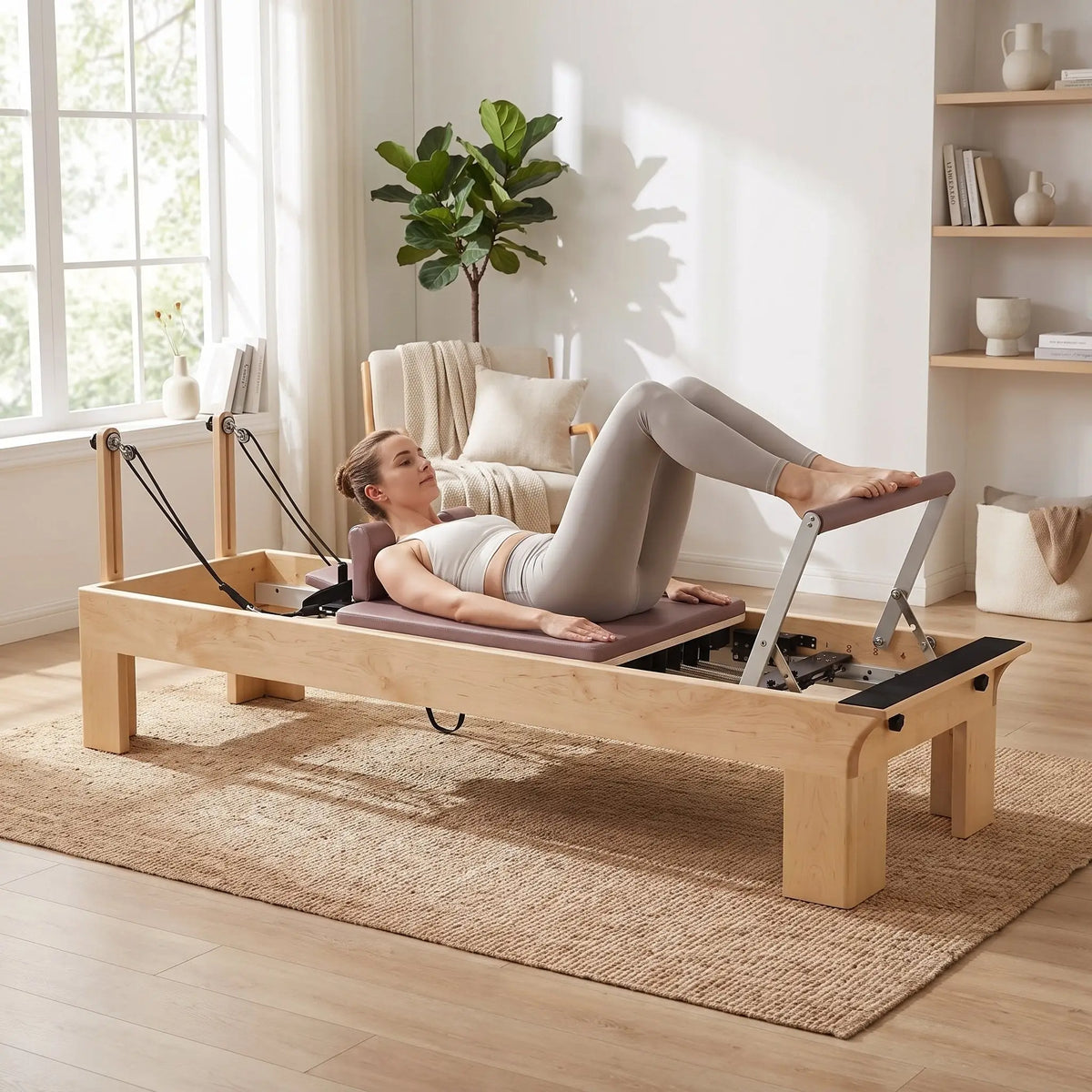 Elina Pilates Wooden Reformer Physio aus Rock-Ahorn im Einsatz: Frau trainiert morgens im Wohnzimmer