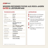 Technische Daten und Lieferumfang von Elina Pilates Wooden Reformer Physio aus Rock-Ahorn als Tabelle