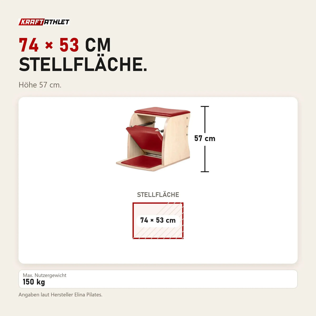 Maßbild Elina Pilates Wunda Chair Classic aus Ahornholz: Stellfläche 74 × 53 cm, Höhe 57 cm