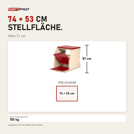 Maßbild Elina Pilates Wunda Chair Classic aus Ahornholz: Stellfläche 74 × 53 cm, Höhe 57 cm