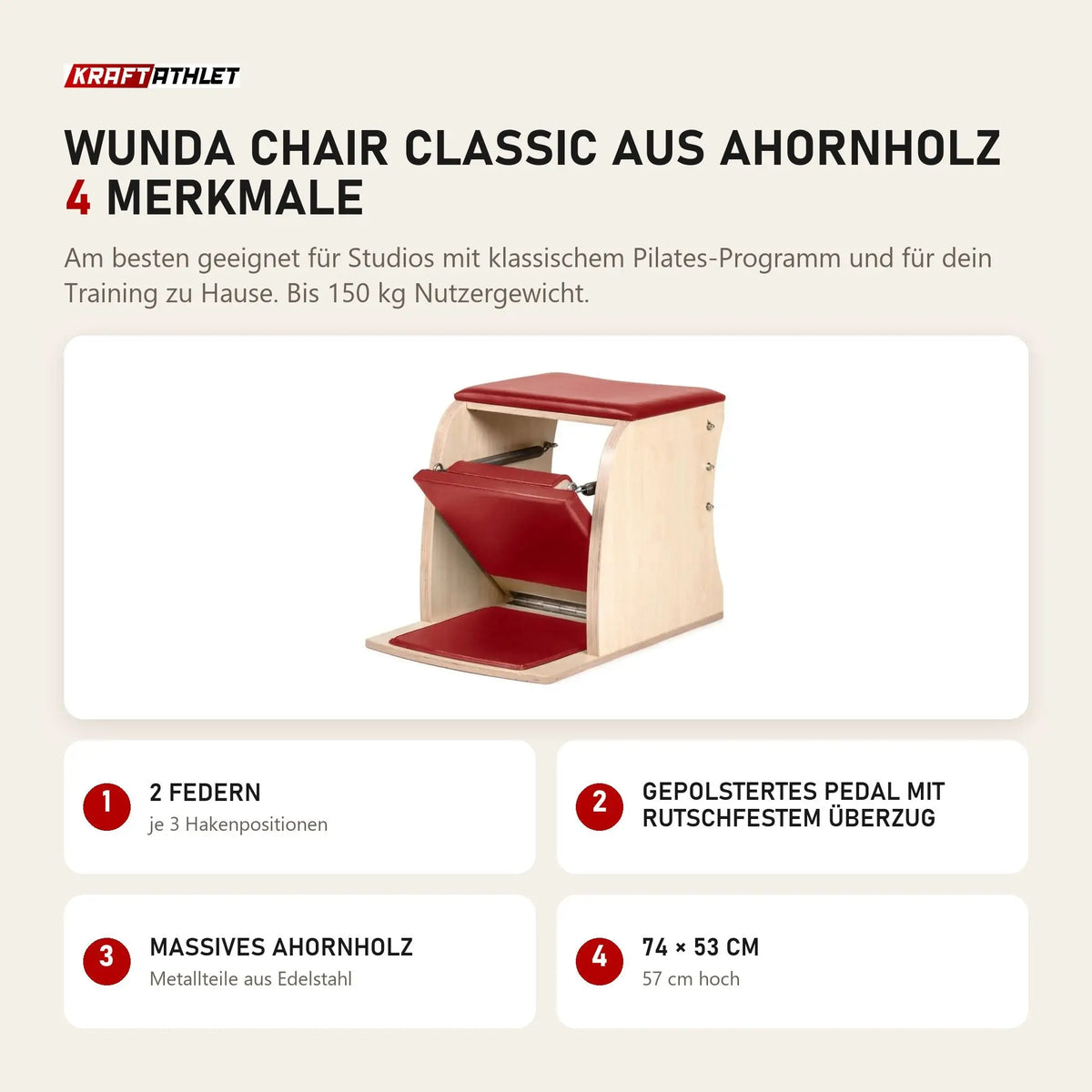 Elina Pilates Wunda Chair Classic aus Ahornholz mit 4 Merkmalen: 2 Federn, Gepolstertes Pedal mit rutschfestem Überzug, Massives Ahornholz, 74 × 53 cm