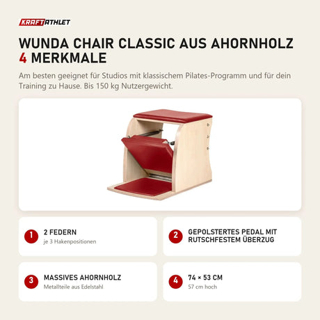 Elina Pilates Wunda Chair Classic aus Ahornholz mit 4 Merkmalen: 2 Federn, Gepolstertes Pedal mit rutschfestem Überzug, Massives Ahornholz, 74 × 53 cm