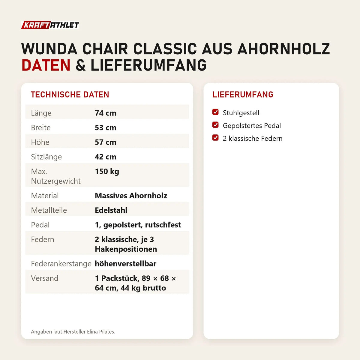 Technische Daten und Lieferumfang von Elina Pilates Wunda Chair Classic aus Ahornholz als Tabelle