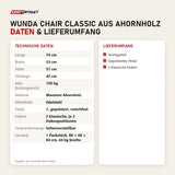 Technische Daten und Lieferumfang von Elina Pilates Wunda Chair Classic aus Ahornholz als Tabelle