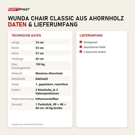 Technische Daten und Lieferumfang von Elina Pilates Wunda Chair Classic aus Ahornholz als Tabelle