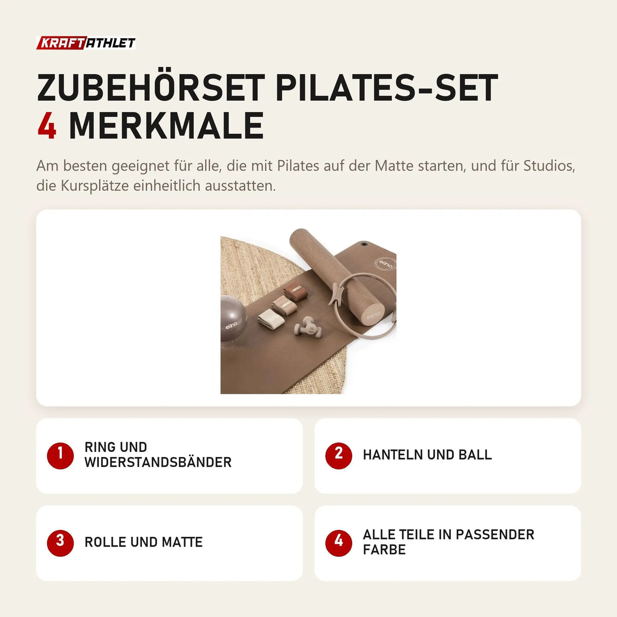 Elina Pilates Zubehörset Pilates-Set mit 4 Merkmalen: Ring und Widerstandsbänder, Hanteln und Ball, Rolle und Matte, Alle Teile in passender Farbe