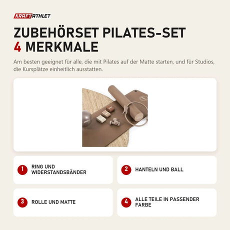 Elina Pilates Zubehörset Pilates-Set mit 4 Merkmalen: Ring und Widerstandsbänder, Hanteln und Ball, Rolle und Matte, Alle Teile in passender Farbe