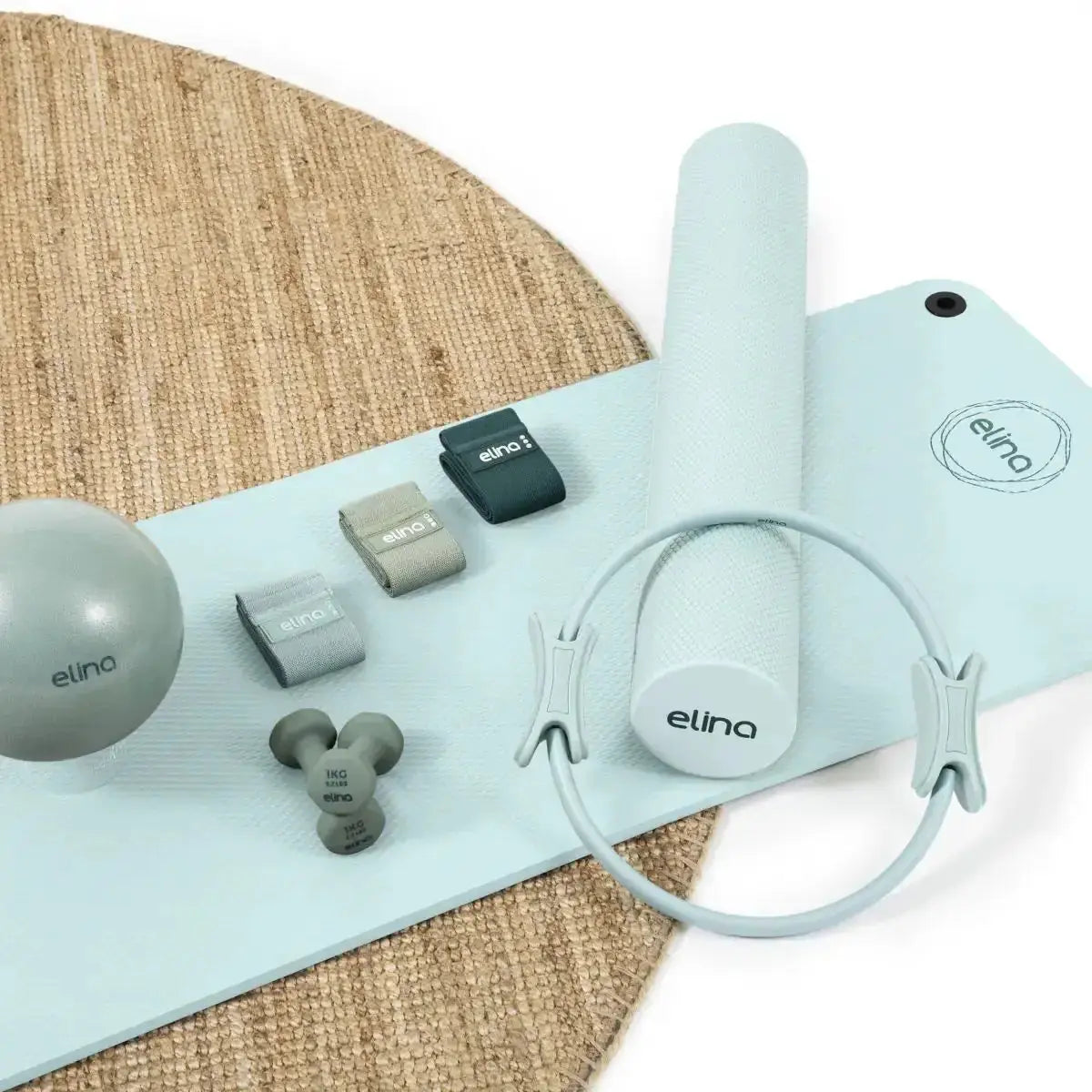Elina Pilates Zubehörset Pilates-Set, Set in Grün mit Matte, Ring, Rolle, Ball und Gewichten
