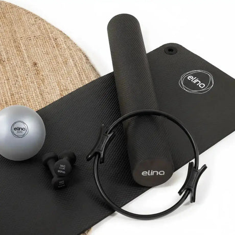 Elina Pilates Zubehörset Pilates-Set, Set in Schwarz mit Matte, Ring, Rolle, Ball und Gewichten