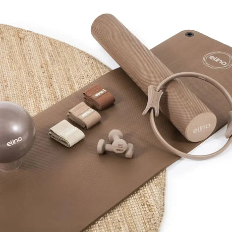 Elina Pilates Zubehörset Pilates-Set, Matte, Ring, Rolle, Ball und Gewichte in Brauntönen