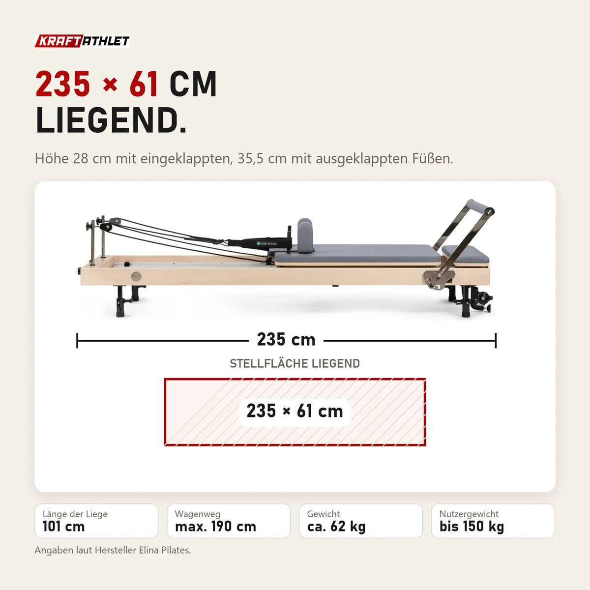 Maßbild Elina Pilates Vertikaler Reformer: 235 cm lang, Stellfläche 235 × 61 cm, Höhe 28 oder 35,5 cm