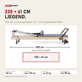 Maßbild Elina Pilates Vertikaler Reformer: 235 cm lang, Stellfläche 235 × 61 cm, Höhe 28 oder 35,5 cm