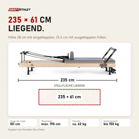 Maßbild Elina Pilates Vertikaler Reformer: 235 cm lang, Stellfläche 235 × 61 cm, Höhe 28 oder 35,5 cm