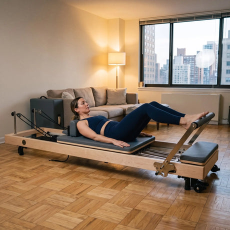 Frau trainiert abends auf dem Elina Pilates Vertikalen Reformer in einer Stadtwohnung