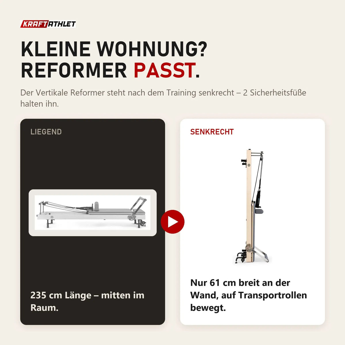 Vergleich: Elina Pilates Vertikaler Reformer liegend mit 235 cm Länge und senkrecht verstaut mit 61 cm Breite