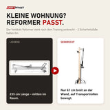 Vergleich: Elina Pilates Vertikaler Reformer liegend mit 235 cm Länge und senkrecht verstaut mit 61 cm Breite