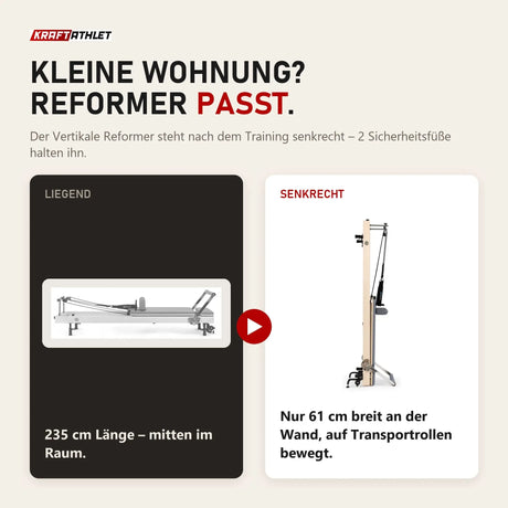 Vergleich: Elina Pilates Vertikaler Reformer liegend mit 235 cm Länge und senkrecht verstaut mit 61 cm Breite