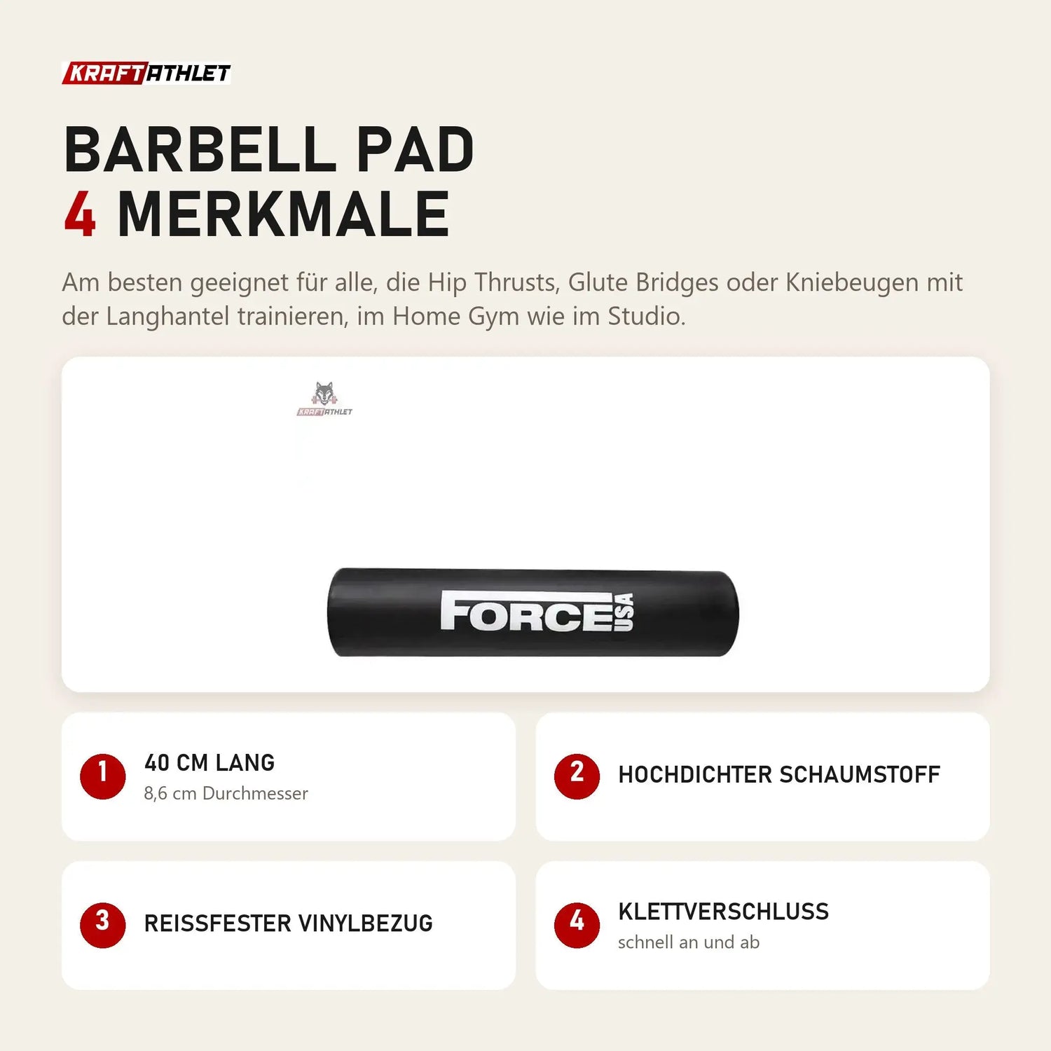 Force USA Barbell Pad mit 4 Merkmalen: 40 cm lang, Hochdichter Schaumstoff, Reißfester Vinylbezug, Klettverschluss