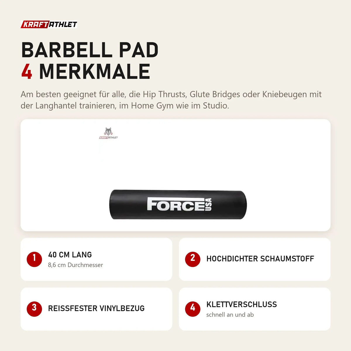 Force USA Barbell Pad mit 4 Merkmalen: 40 cm lang, Hochdichter Schaumstoff, Reißfester Vinylbezug, Klettverschluss
