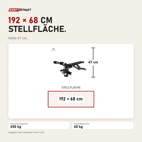 Maßbild Force USA Base Bench FID-Bank: Stellfläche 192 × 68 cm, Höhe 47 cm