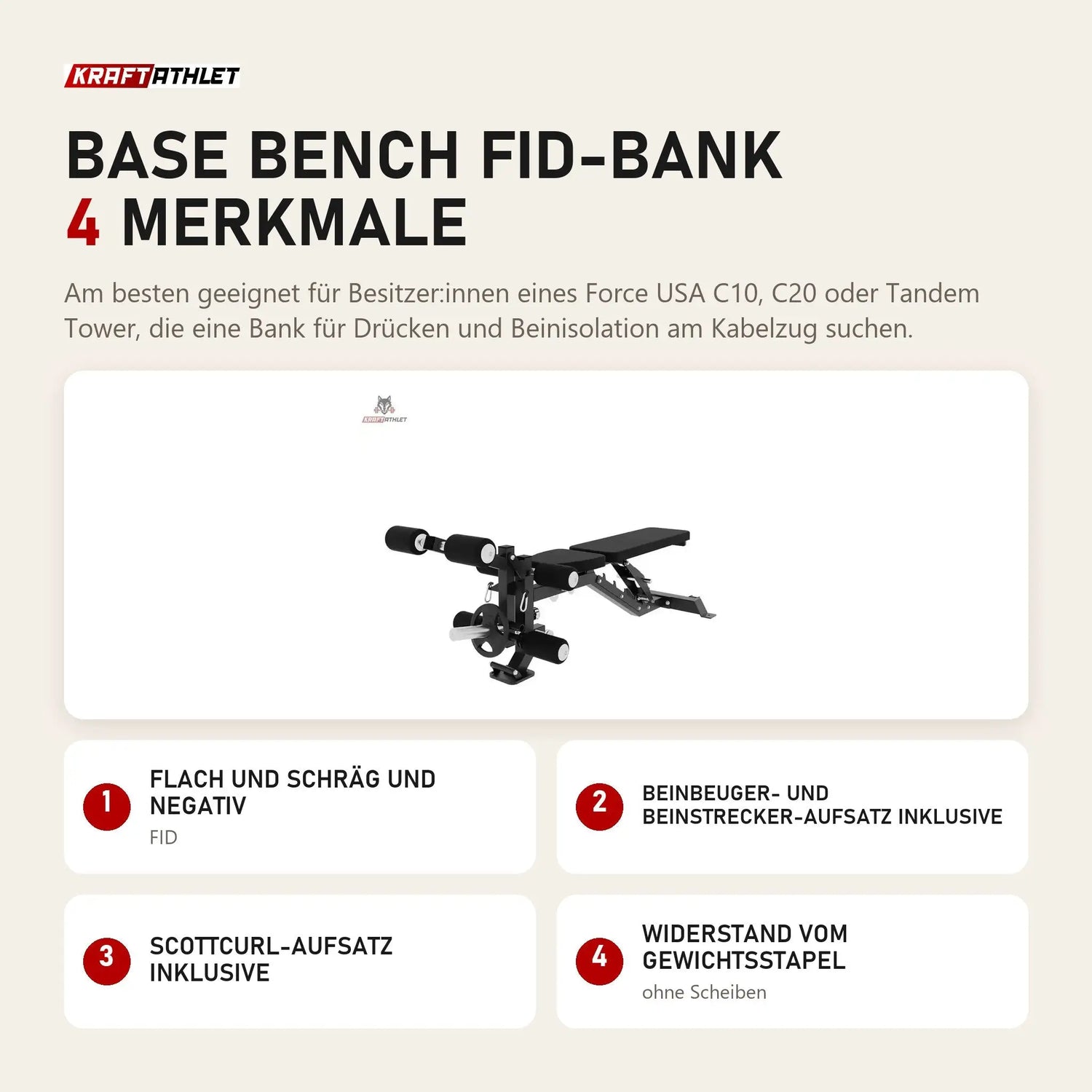Force USA Base Bench FID-Bank mit 4 Merkmalen: Flach und schräg und negativ, Beinbeuger- und Beinstrecker-Aufsatz inklusive, Scottcurl-Aufsatz inklusive, Widerstand vom Gewichtsstapel