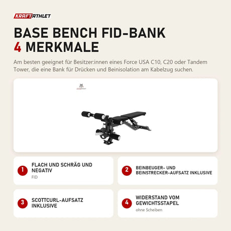 Force USA Base Bench FID-Bank mit 4 Merkmalen: Flach und schräg und negativ, Beinbeuger- und Beinstrecker-Aufsatz inklusive, Scottcurl-Aufsatz inklusive, Widerstand vom Gewichtsstapel