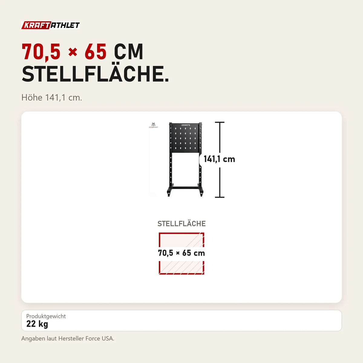 Maßbild Force USA Base Storage Rack: Stellfläche 70,5 × 65 cm, Höhe 141,1 cm