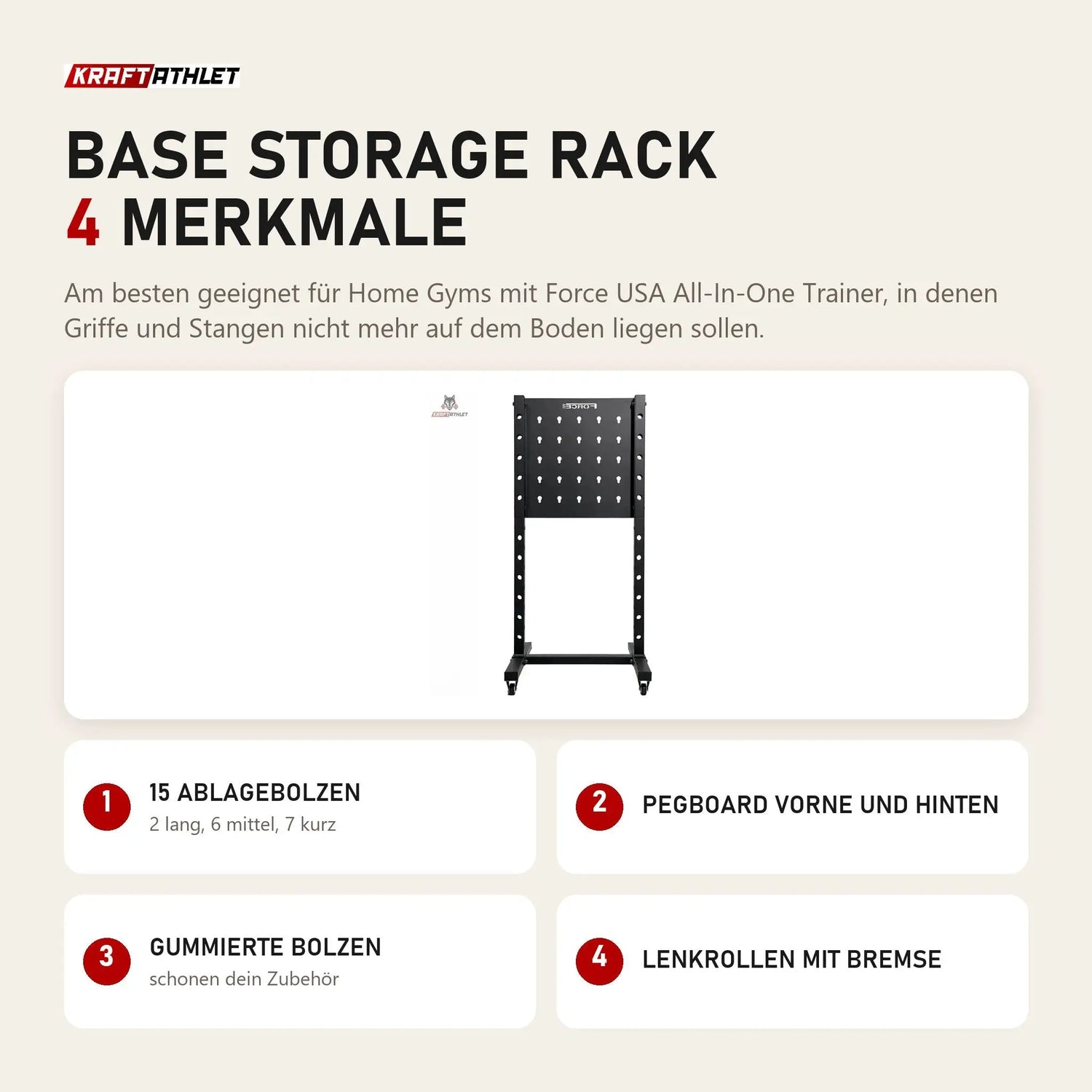 Force USA Base Storage Rack mit 4 Merkmalen: 15 Ablagebolzen, Pegboard vorne und hinten, Gummierte Bolzen, Lenkrollen mit Bremse