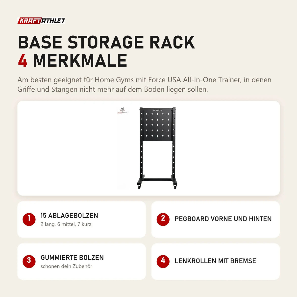 Force USA Base Storage Rack mit 4 Merkmalen: 15 Ablagebolzen, Pegboard vorne und hinten, Gummierte Bolzen, Lenkrollen mit Bremse