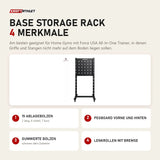 Force USA Base Storage Rack mit 4 Merkmalen: 15 Ablagebolzen, Pegboard vorne und hinten, Gummierte Bolzen, Lenkrollen mit Bremse