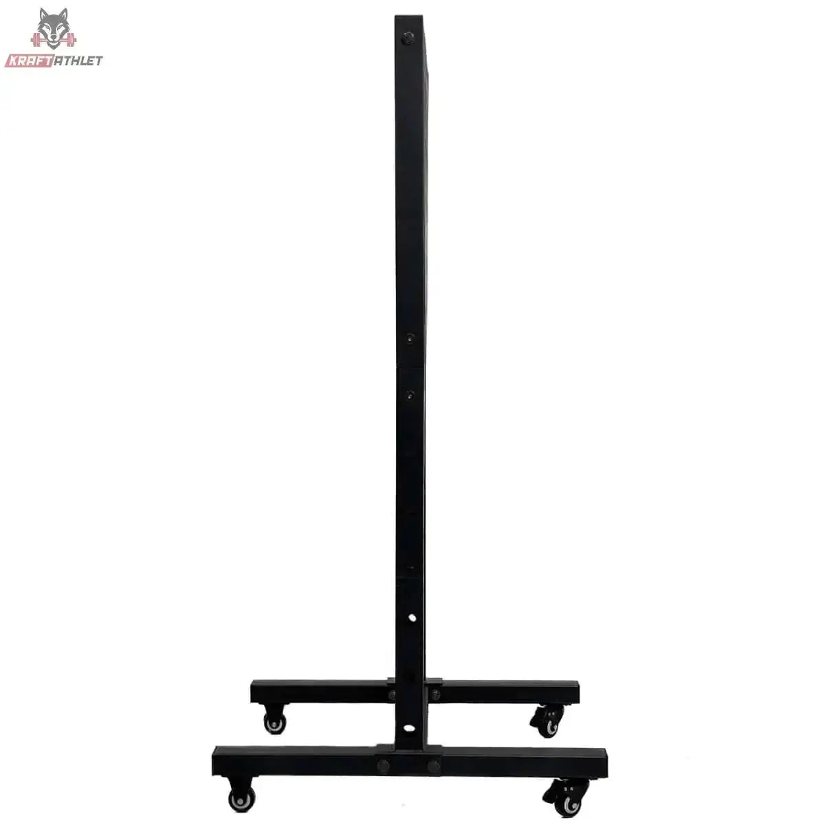 Force USA Base Storage Rack in Seitenansicht mit schmalem Profil und Rollen