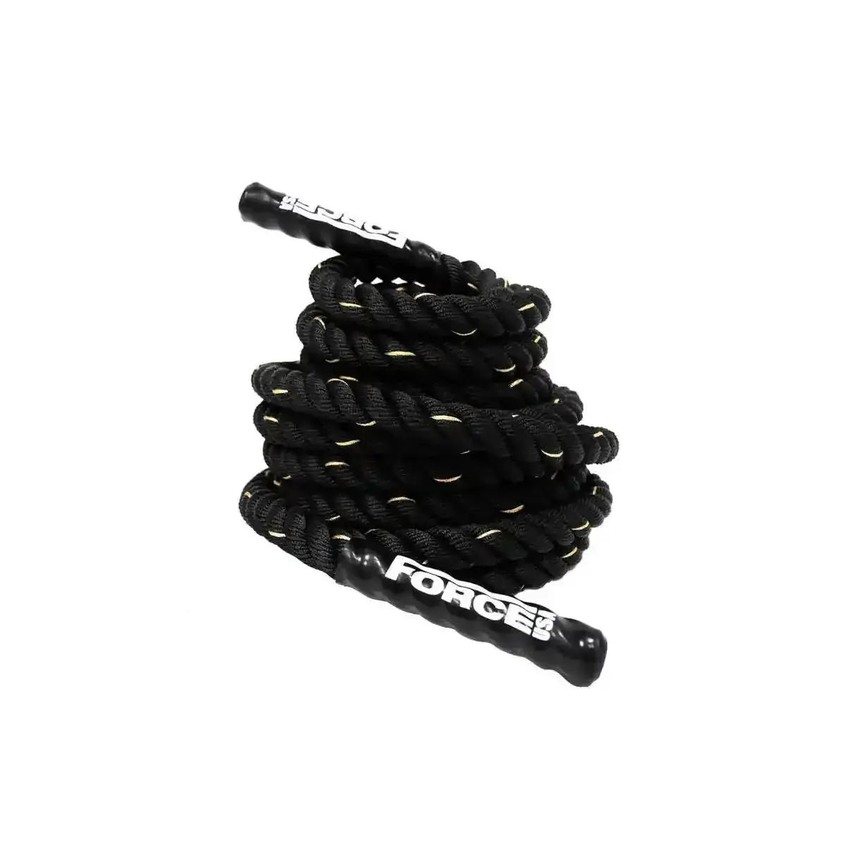 Force USA Battle Rope 15 m aufgerollt mit Griffenden, Schrägansicht, schwarz