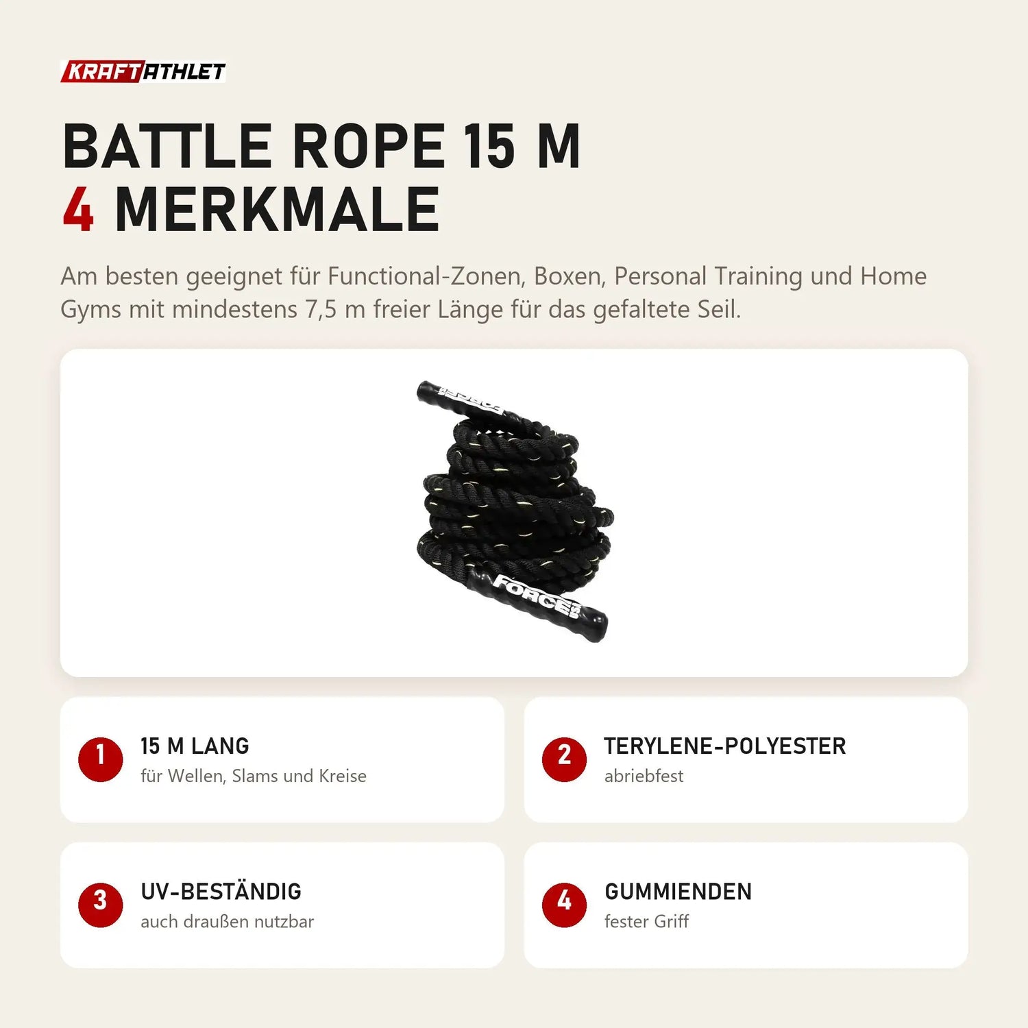Force USA Battle Rope 15 m mit 4 Merkmalen: 15 m lang, Terylene-Polyester, UV-beständig, Gummienden