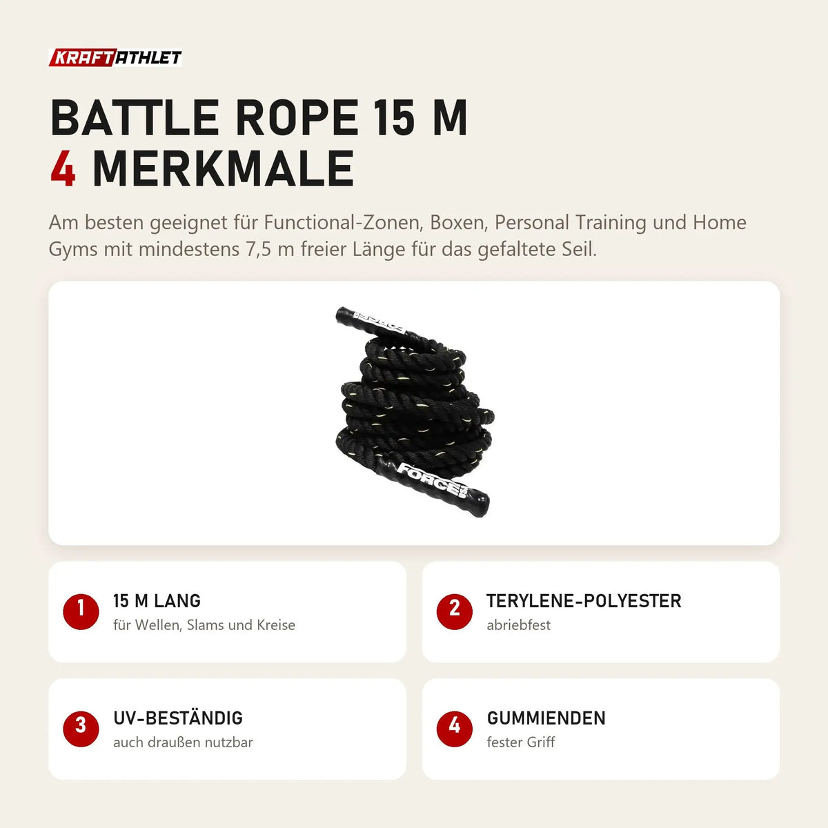 Force USA Battle Rope 15 m mit 4 Merkmalen: 15 m lang, Terylene-Polyester, UV-beständig, Gummienden